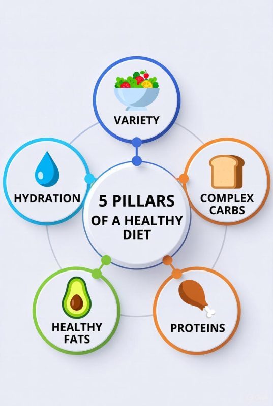 5 pilastri fondamentali per un'alimentazione sana varietà, carboidrati complessi, proteine, grassi buoni, idratazione